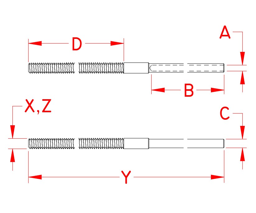 Stainless Steel Hand Swage Extra Long Stud, S0731-HL703, S0731-HL705, Line Drawing